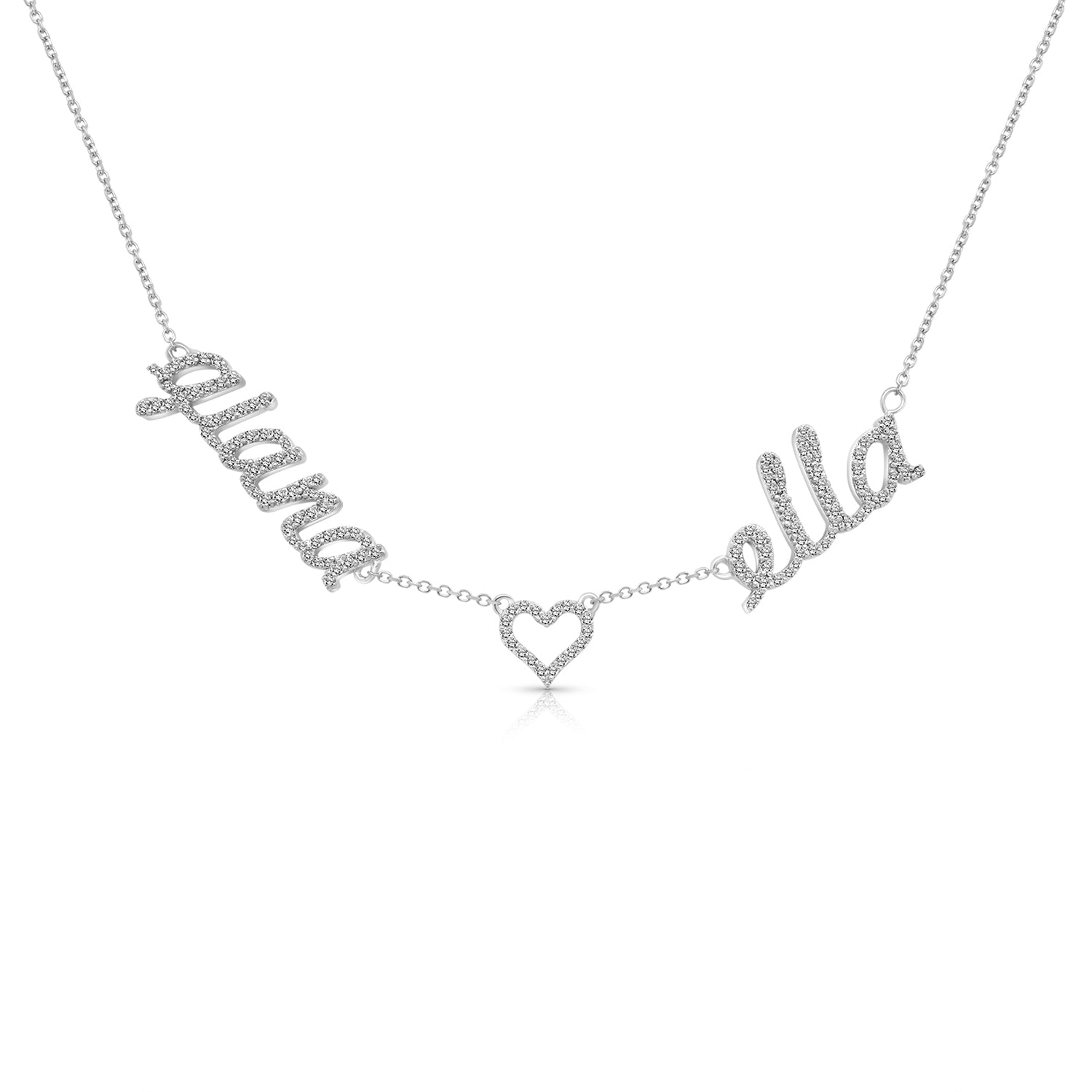 A image showing the final product of the Two Name Diamond Name Necklace with Heart