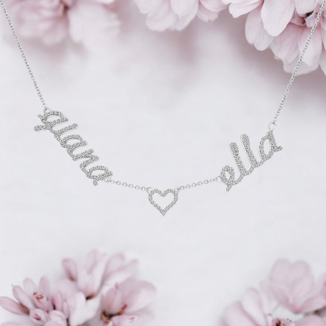 A image showing the final presentation of the Two Name Diamond Name Necklace with Heart
