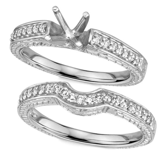 14 Karat White Gold Contemporary Diamond Semi-Mount Ring with Matching Wedding Band