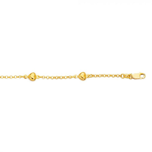 14 Karat Yellow Gold Multi-Heart 10 inch Ankle Bracelet