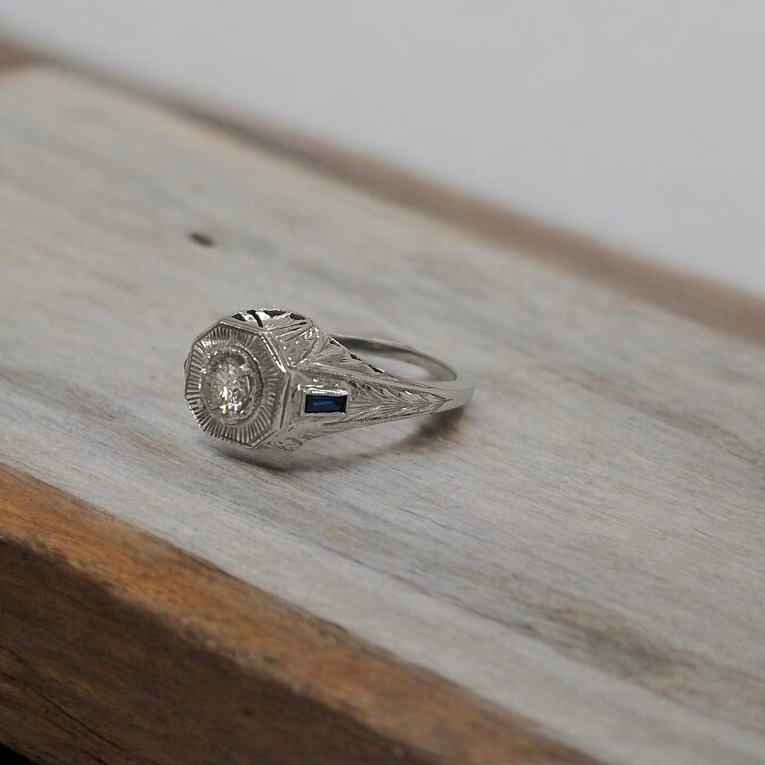 14 Karat White Gold Diamond and Sapphire Vintage Ring
