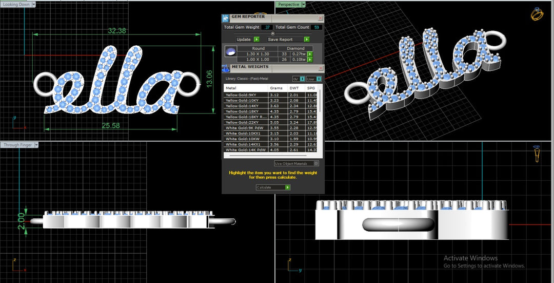 A image showing the computer rendering of the "ella" portion of the Two Name Diamond Name Necklace with Heart