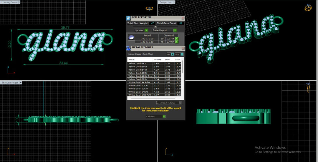 A image showing the computer rendering of the "gianna" portion of the Two Name Diamond Name Necklace with Heart