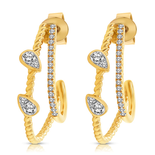 14 Karat Yellow Gold Diamond Geometric Hoop Earrings