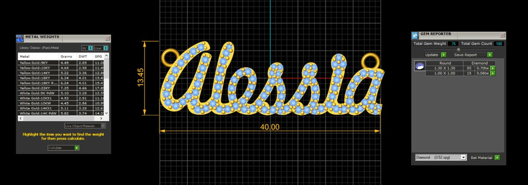An image showing the digital rendering of the 14K White Gold Lab Grown Diamond Nameplate, complete with metal weights and stone counts