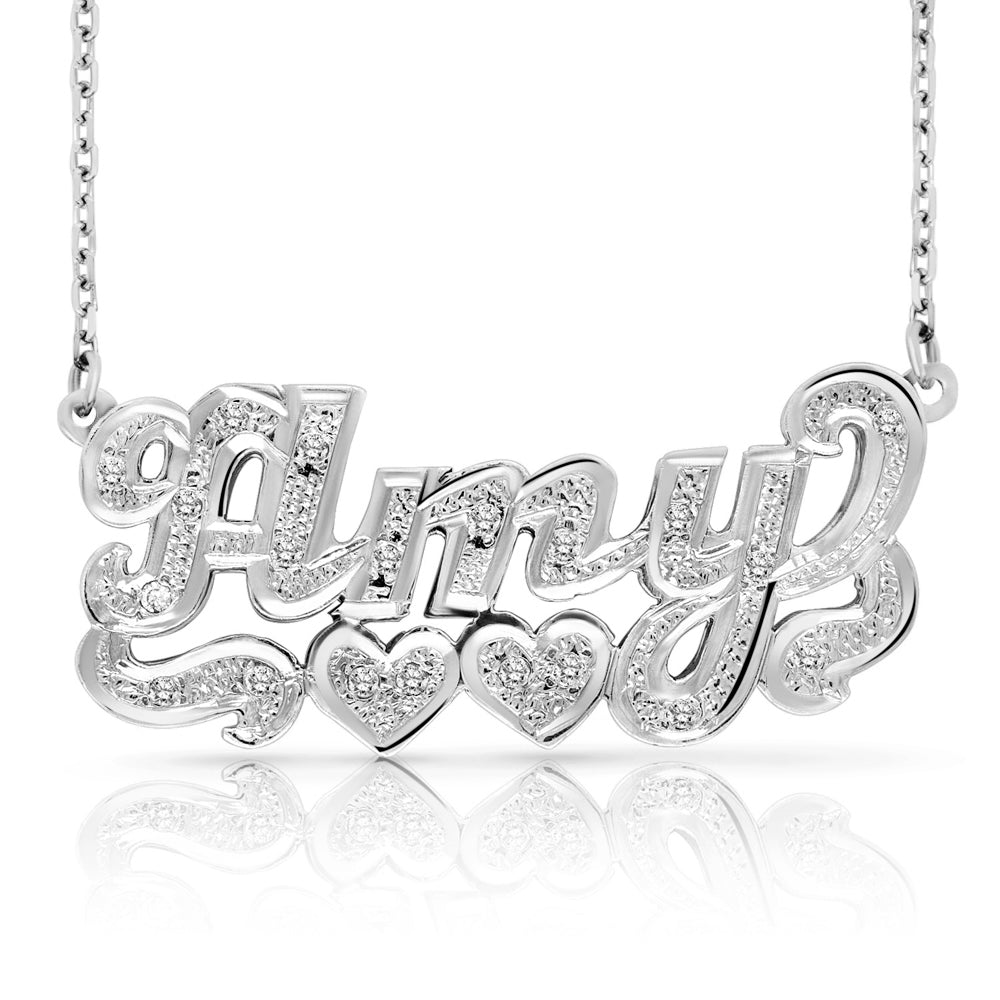 Sterling Silver Diamond Cut 3D Name Necklace with Two Hearts