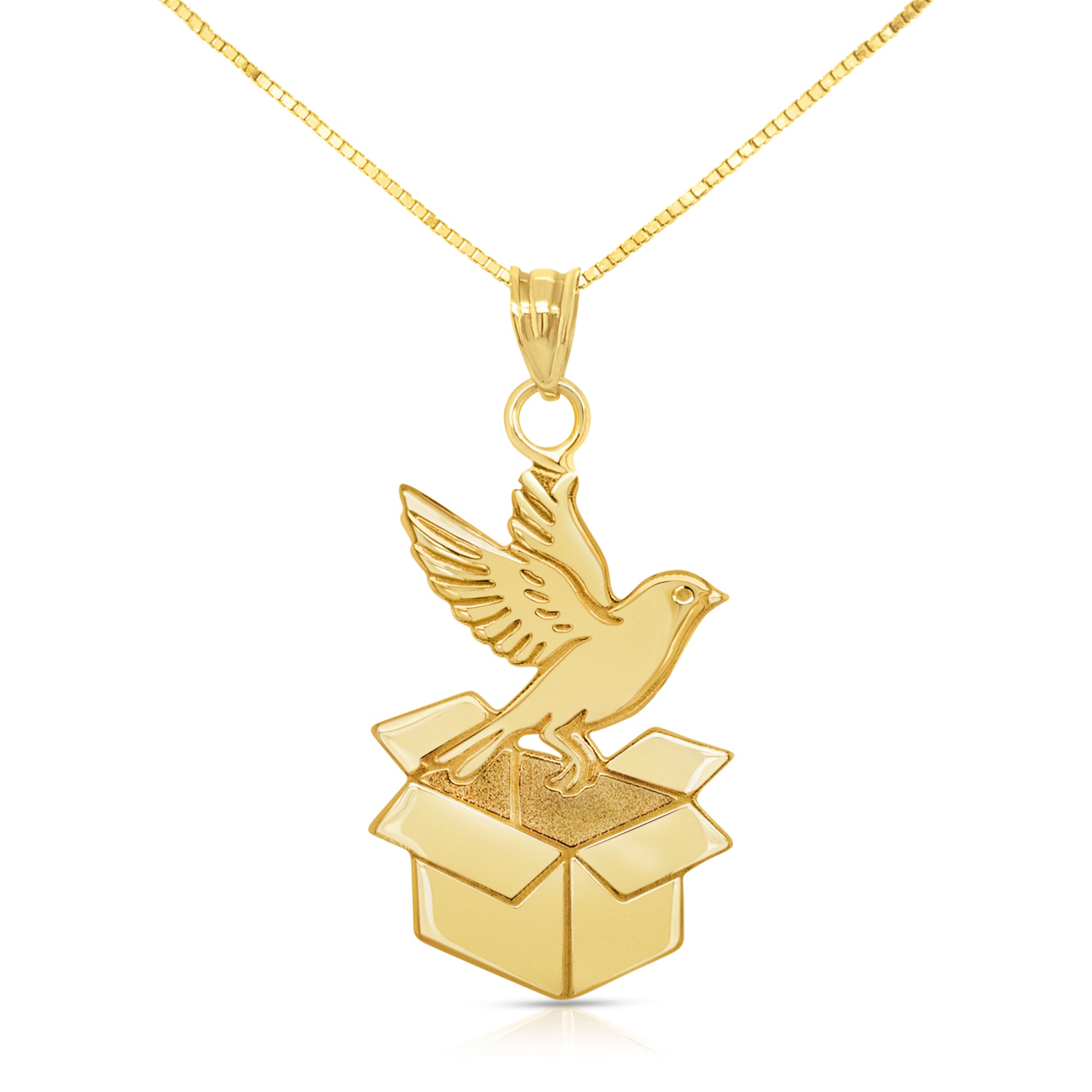 An image showing the final product of the 14 Karat Yellow Gold Bird Coming Out of a Box Pendant