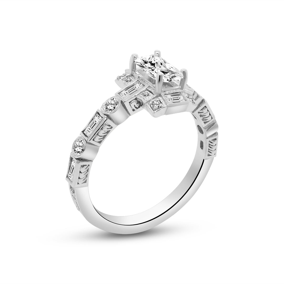 White gold diamond ring veritacally positioned on a white background