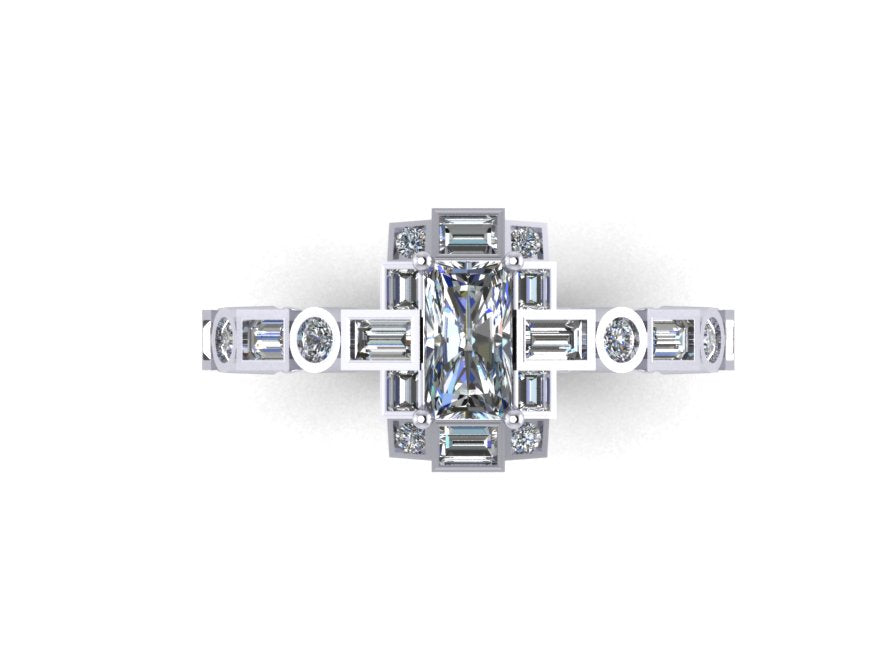 White gold diamond ring veritacally positioned on a white background