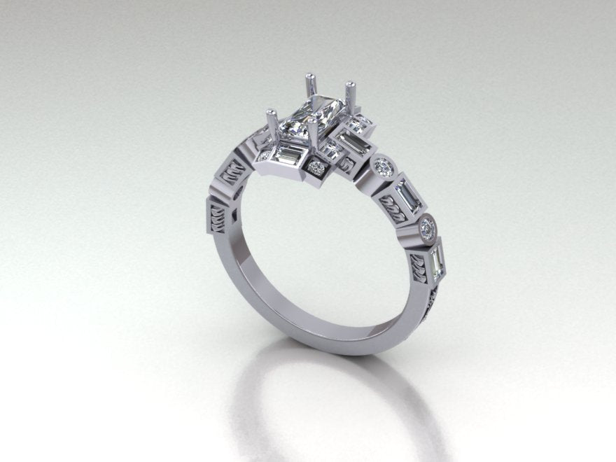 White gold diamond ring veritacally positioned on a white background