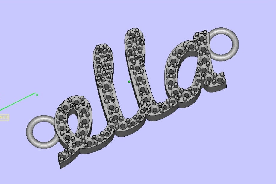 A image showing the digital design of the "ella" portion of the Two Name Diamond Name Necklace with Heart