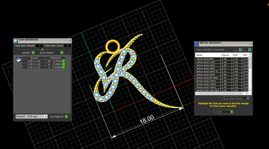 An image showing the digital design of the 14K Initial Logo Pendant with Garnet & Natural Diamonds, with metal weights and stone counts