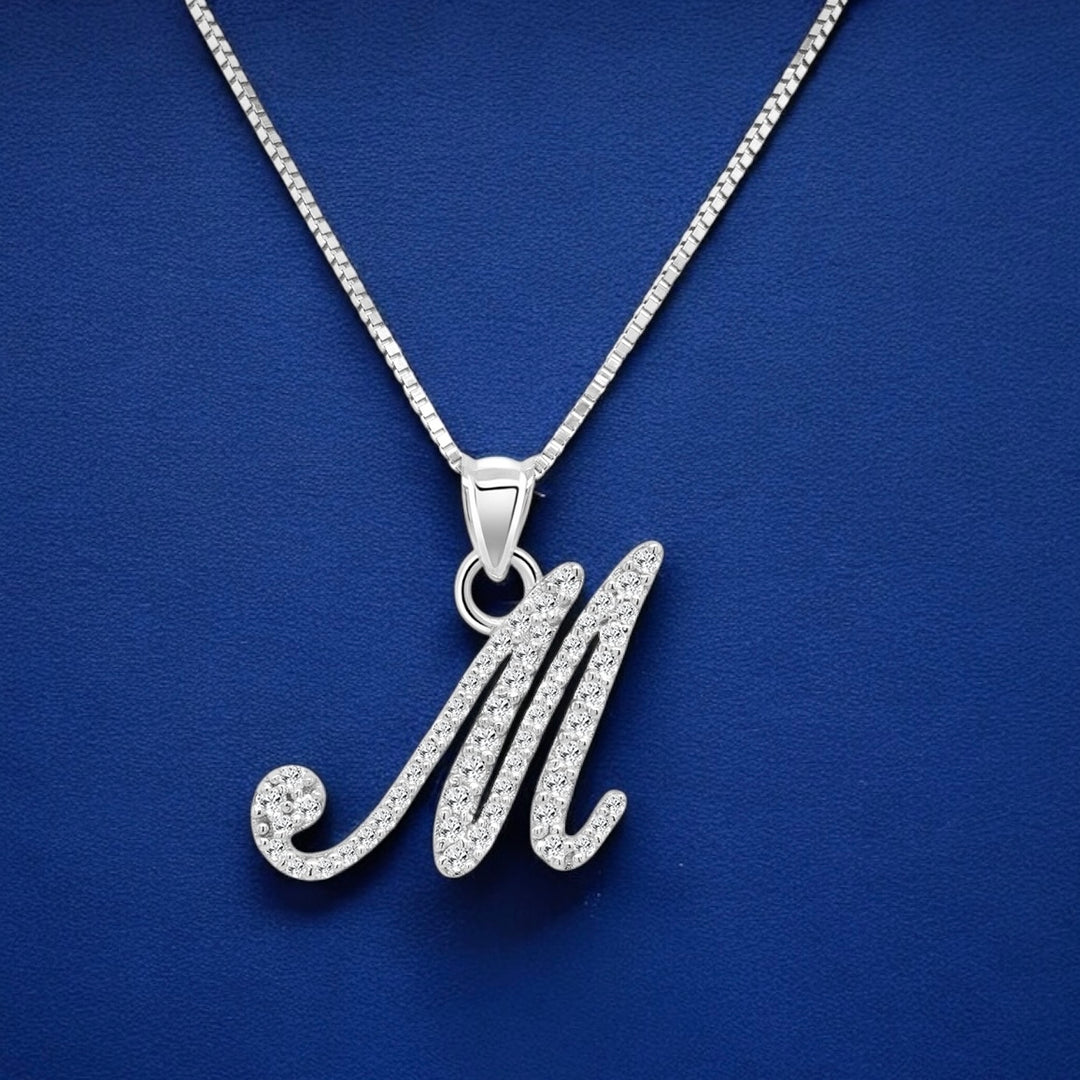 A image showing the final presentation of the Diamond Initial Pendant in 14 Karat White Gold