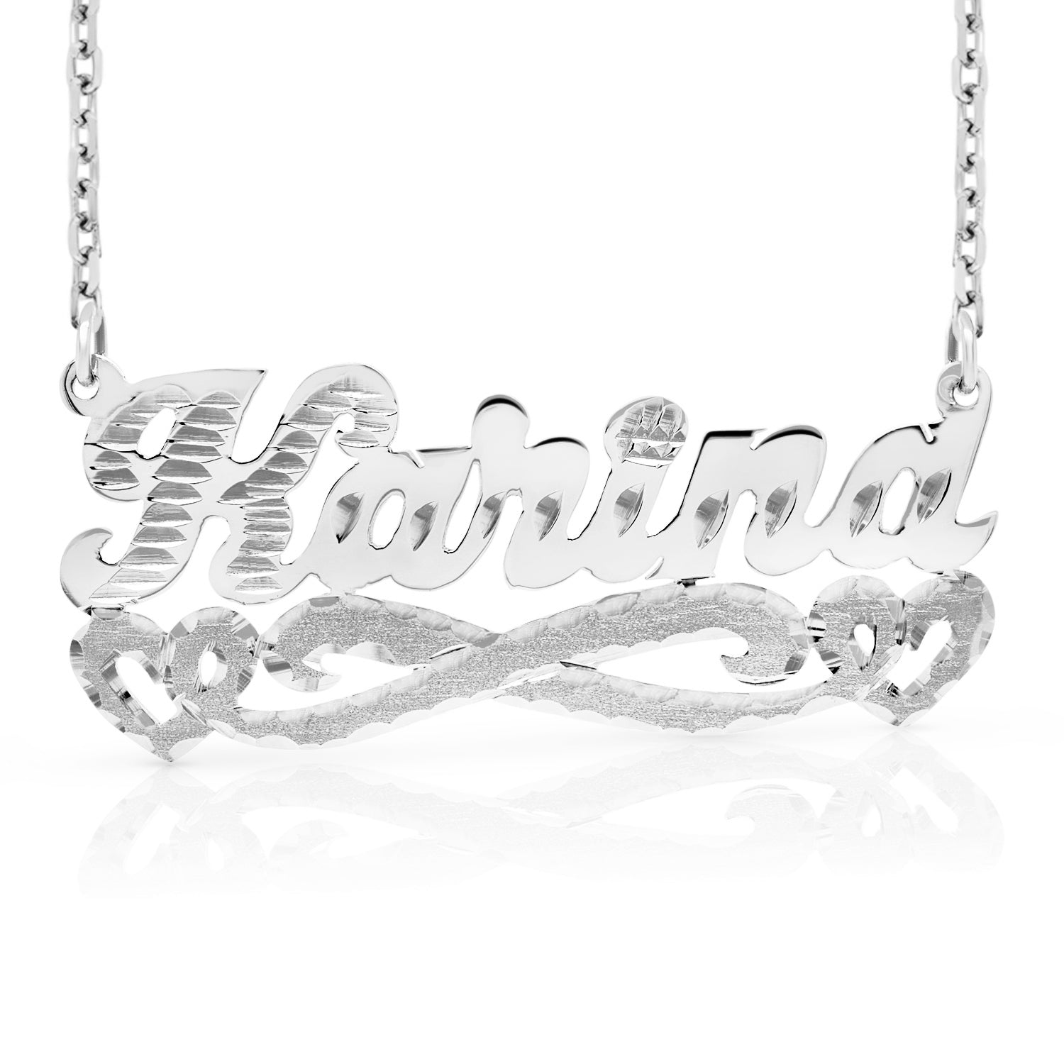 Sterling Silver Diamond Cut & Florentine Name Necklace with Hearts