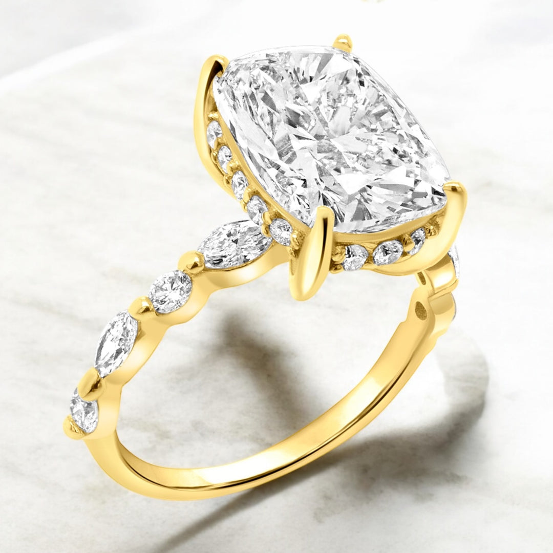 A image showing the angled view of the final presentation of the 14 Karat Hidden Halo Lab Grown Diamond Engagement Ring