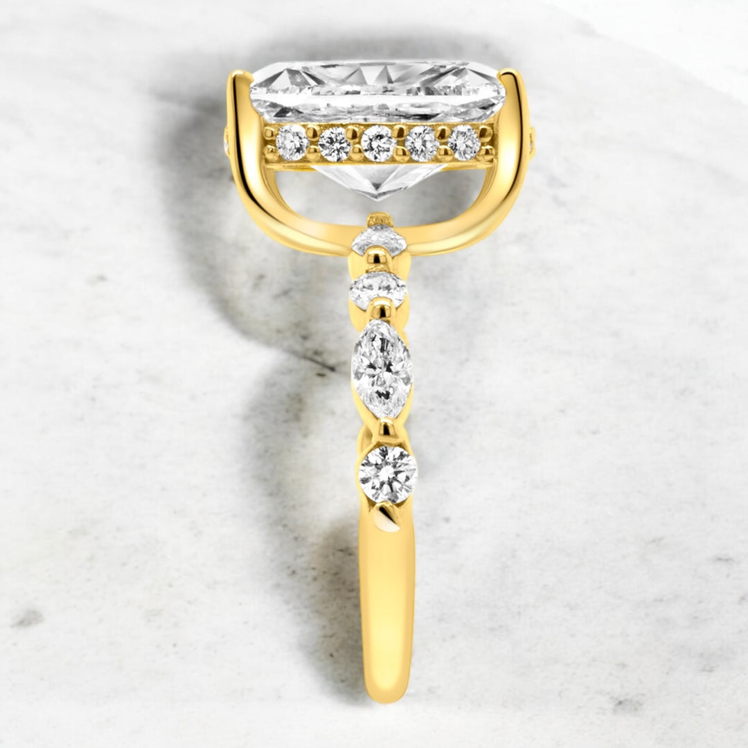 A image showing the side view of the final presentation of the 14 Karat Hidden Halo Lab Grown Diamond Engagement Ring