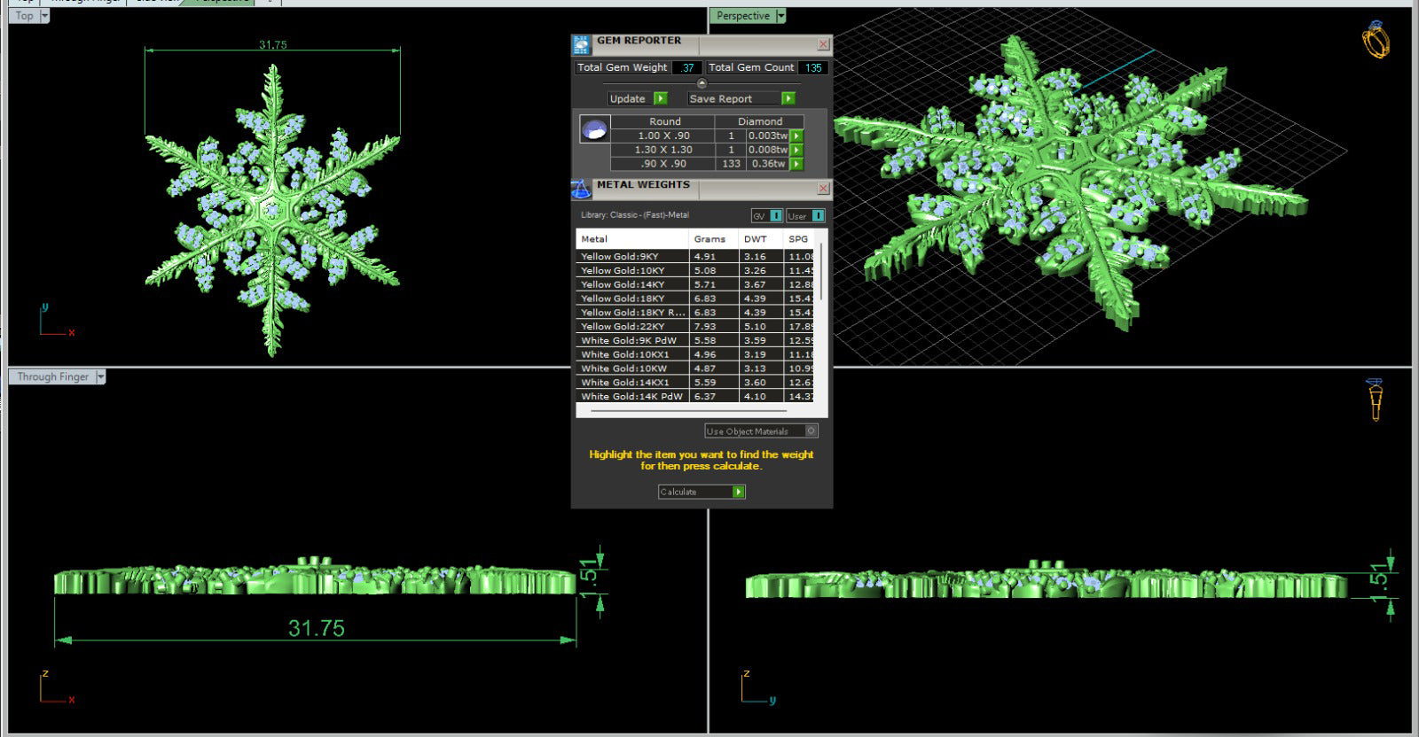 An image showing the digital rendering of the 14 Karat Diamond Snowflake Pendant