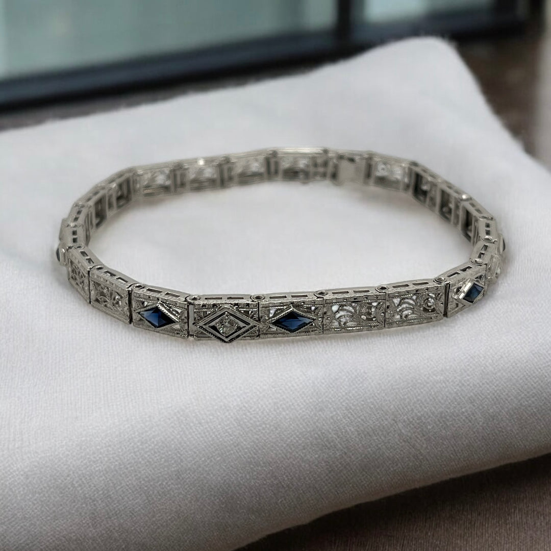14 Karat White Gold Diamond and Sapphire Vintage Bracelet