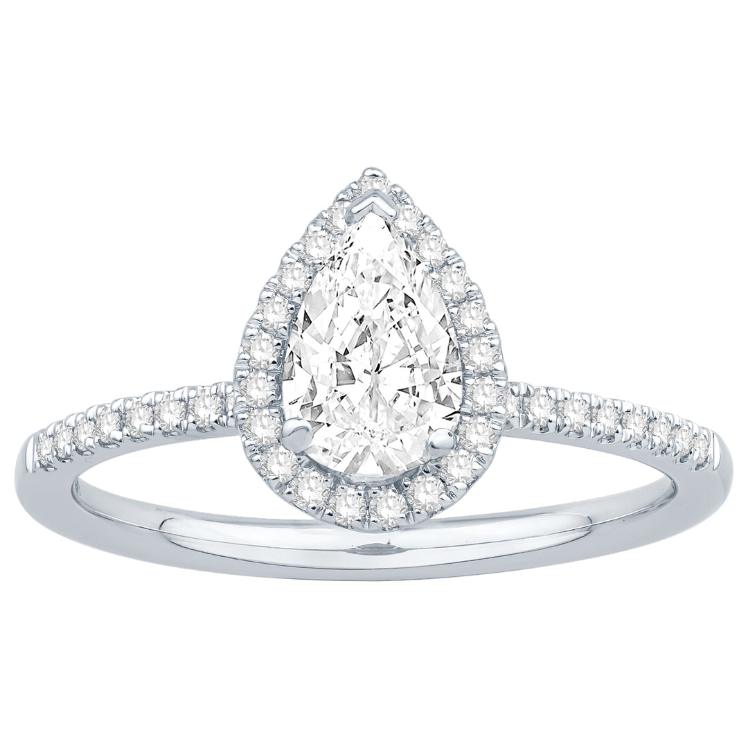 14 Karat White Gold 0.93twt with 0.75ct Pear Shaped Diamond Halo Engagement Ring - Size 7