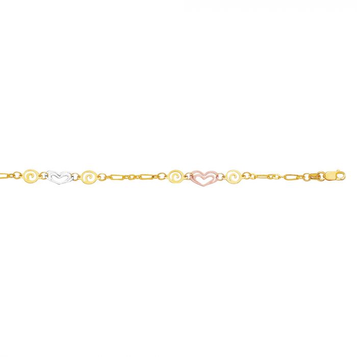 14 Karat Gold Tricolor Heart Ankle Bracelet - 10 inch