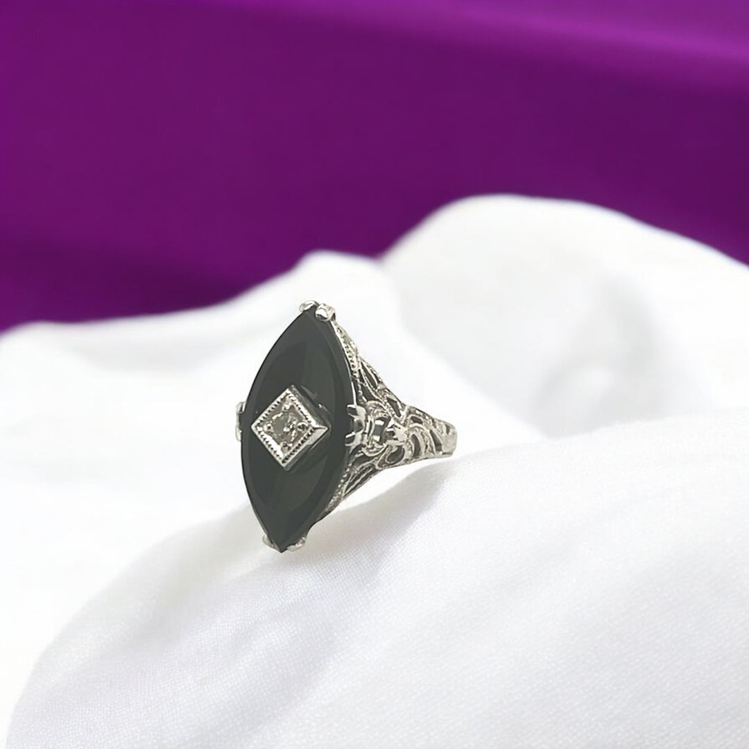 14 Karat White Gold Onyx and Diamond Vintage Ring
