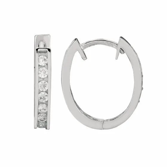 Sterling Silver Single Row Cubic Zirconia Oval Huggie Earrings