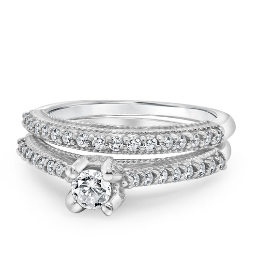 Lady's 14 Karat White Gold 0.77ct Diamond Contemporary Engagement Ring with Matching Band - Size 7
