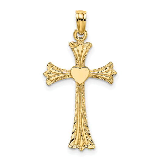 10K Polished and Engraved Cross with Heart Charm