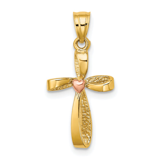 10k Two-Tone Twisted Cross with Heart Charm