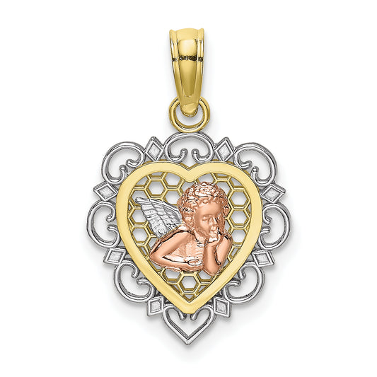 10K Two-tone with Rhodium Small Angel In Heart Charm