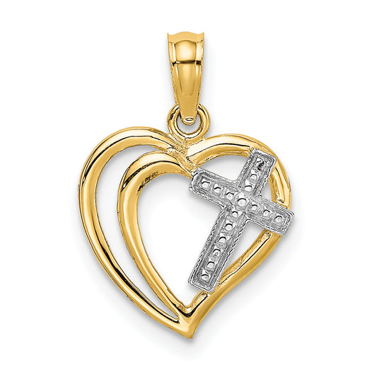 10K with Rhodium Cross In Heart Charm
