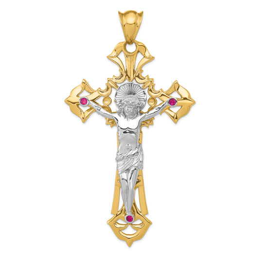 14k Two-tone Polished with Red CZs Crucifix Pendant