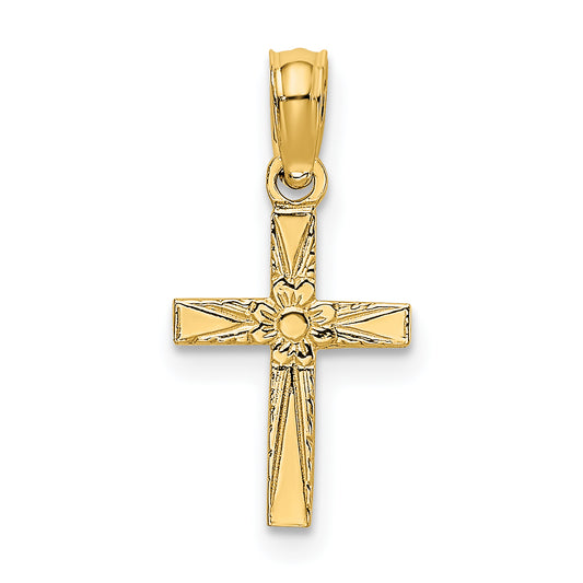 14K Polished and Engraved Mini Cross with Flower Charm