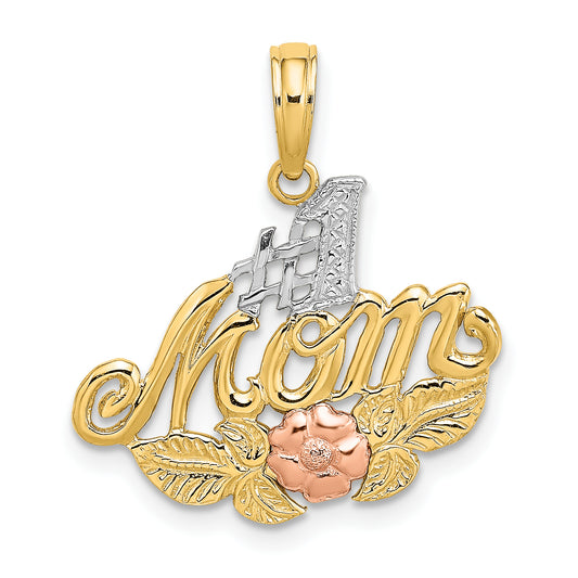 14k Two-tone with White Rhodium #1 MOM with Flower Charm