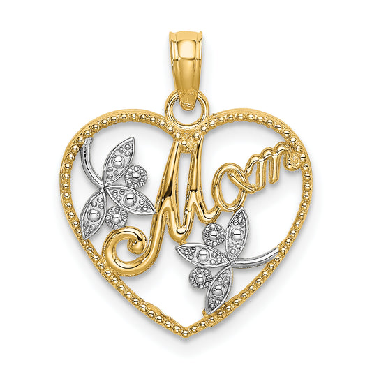 14k with Rhodium Textured Heart with MOM Charm