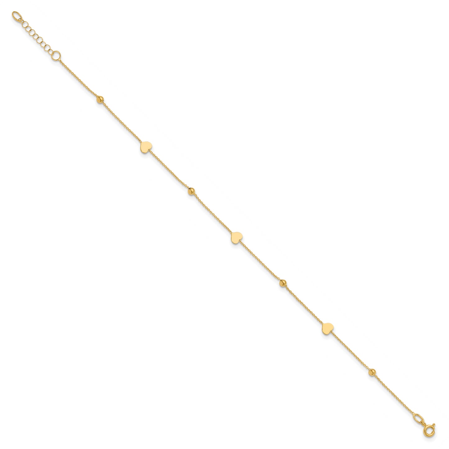 Leslie's 14K Polished Heart and Beads 9in Plus 1in ext. Anklet