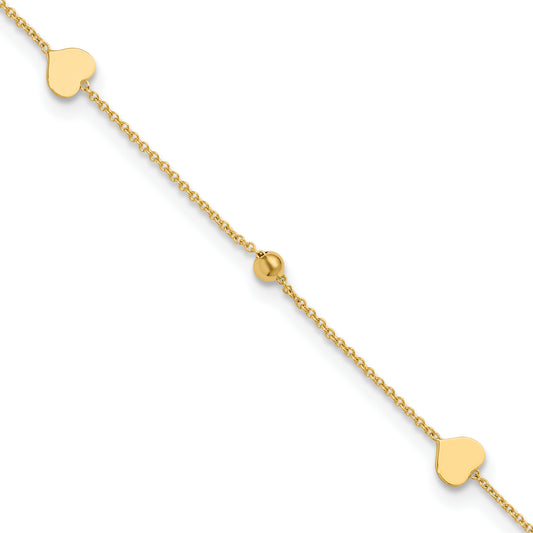 Leslie's 14K Polished Heart and Beads 9in Plus 1in ext. Anklet