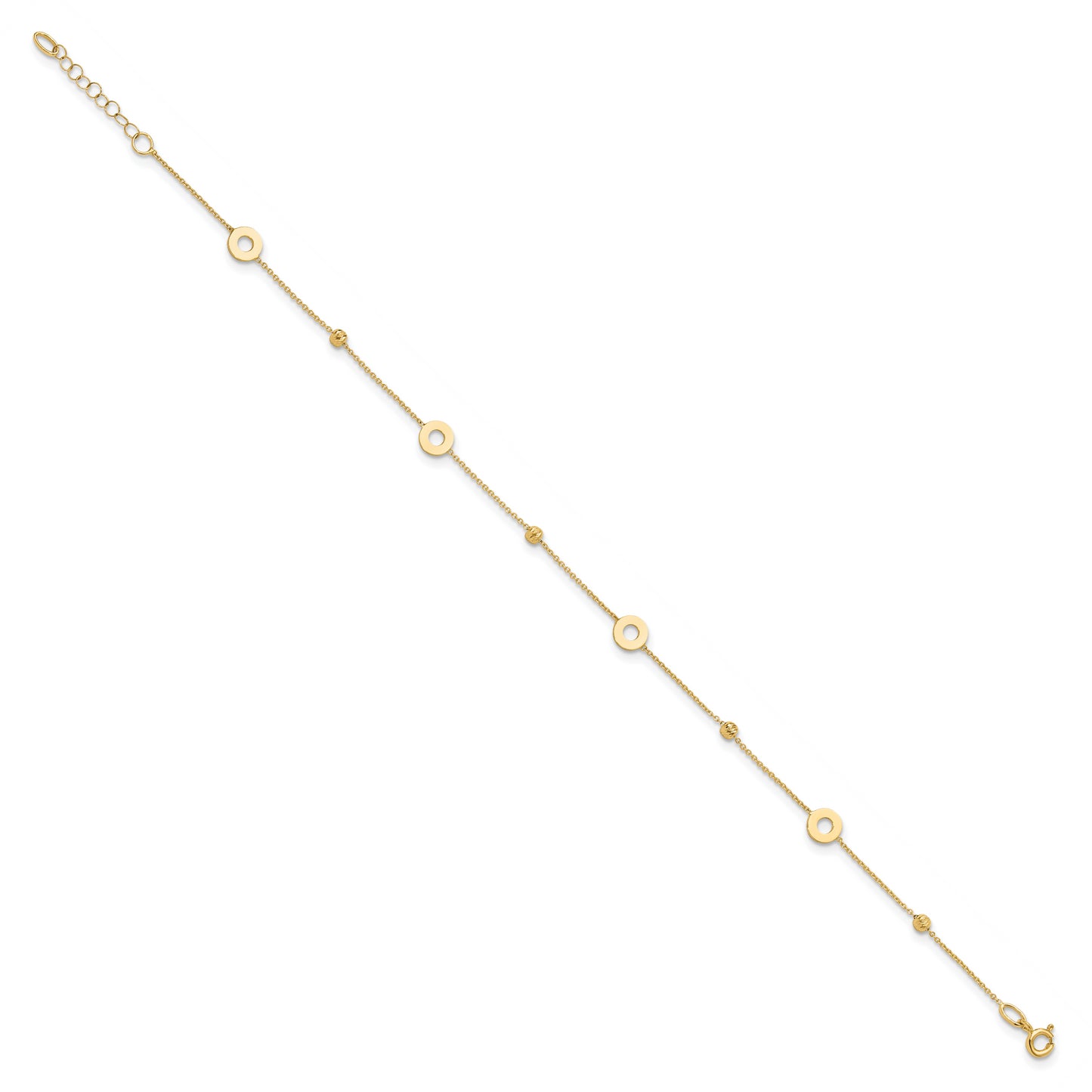 Leslie's 14K Polished and D/C Beads 9in Plus 1in ext. Anklet