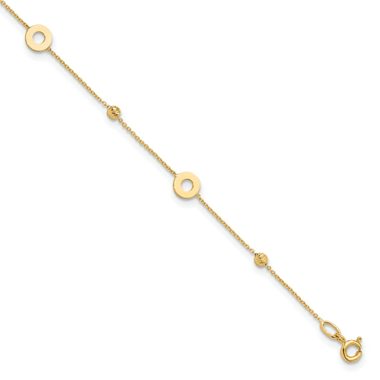 Leslie's 14K Polished and D/C Beads 9in Plus 1in ext. Anklet