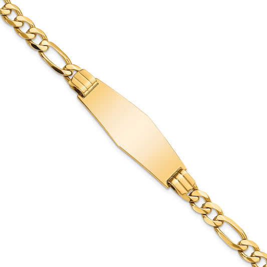 14 Karat Yellow Gold Flat Figaro Link 13.5mm Soft Diamond Shape ID Bracelet