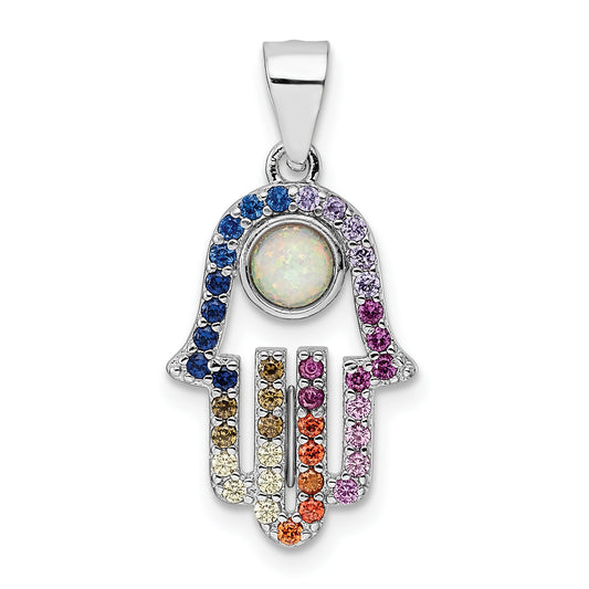 Sterling Silver Rhodium-plated Multicolor CZ and Synthetic Opal Hamsa Pendant