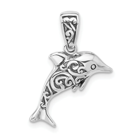 Sterling Silver Rhodium-plated Oxidized Dolphin Pendant