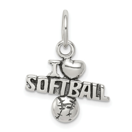 Sterling Silver Antique I (heart) Softball Charm