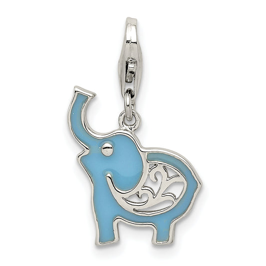 Sterling Silver Rhodium-plated Blue Enameled Elephant Charm