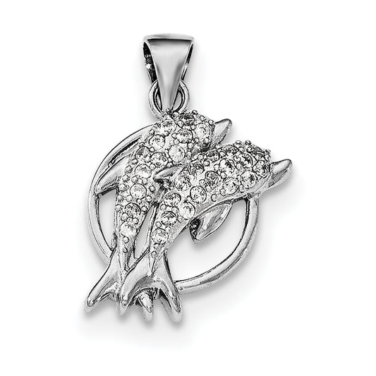 Sterling Silver Rhodium-plated Polished CZ Double Dolphin Pendant