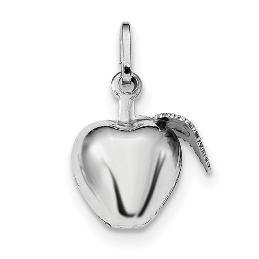 Sterling Silver Rhodium Plated Polished Puffed Apple with Leaf Charm