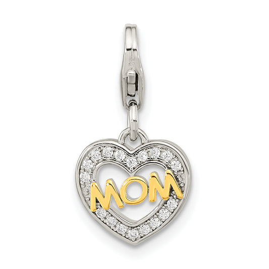 Amore La Vita Sterling Silver Rhodium-plated Gold-plated Polished CZ MOM Heart Charm with Fancy Lobster Clasp