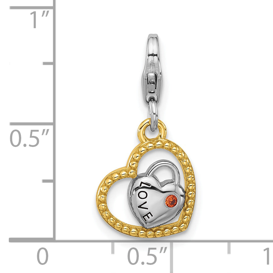 SS Amore La Vita Rhod/Gold-plated Red CZ Double Heart LOVE Charm