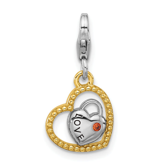 SS Amore La Vita Rhod/Gold-plated Red CZ Double Heart LOVE Charm