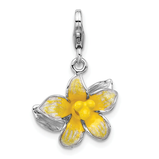 Sterling Silver Amore La Vita Rh-plated 3-D Enameled Yellow Flower Charm